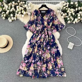 Новое весенне-летнее женское облегающее длинное платье с v-образным вырезом и расклешенными рукавами, милое шифоновое платье с нерегулярными оборками и подолом One Size чёрный