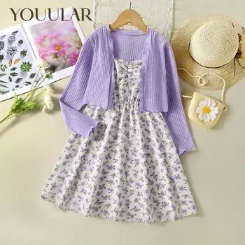 Новое весенне-осеннее фиолетовое платье на подтяжках с цветочным принтом, вязаный кардиган, куртка, костюм из 2 предметов 7-8Y
