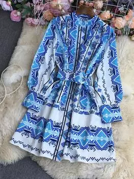 Новое весенне-осеннее женское модное платье трапециевидной формы с воротником-стойкой и поясом, женское винтажное платье с длинным рукавом и высокой талией