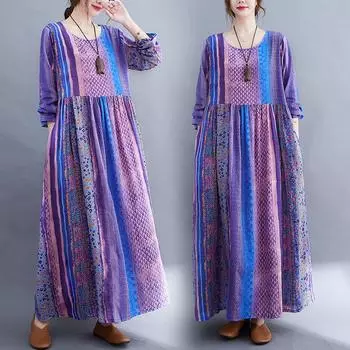 Новое весенне-осеннее женское платье с длинными рукавами и большим свободным платьем в полоску из хлопка и конопли с принтом M