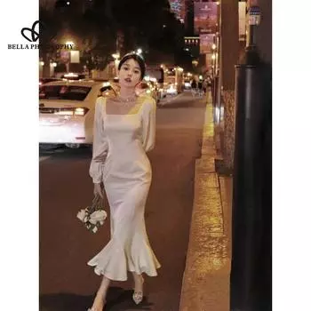 Новое весеннее элегантное облегающее платье «рыбий хвост» во французском стиле в стиле ретро с квадратным воротником и длинными рукавами на талии S белый