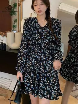 Новое весеннее элегантное шифоновое платье в Корейском стиле с v-образным вырезом и длинными рукавами, с рюшами и цветочным принтом, женское повседневное пляжное платье S чёрный