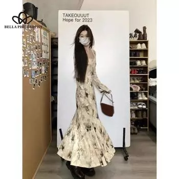 Новое весеннее бархатное платье с квадратным воротником и длинными рукавами, элегантное платье в стиле ретро с цветочным принтом и рыбьим хвостом, с узкой талией во французском стиле XS бежевый