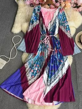 Новое весеннее длинное платье с принтом, женское платье трапециевидной формы на шнуровке с круглым вырезом, женское повседневное плиссированное платье с высокой талией