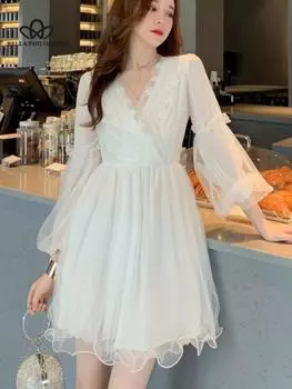 Новое весеннее французское сетчатое кружевное платье с v-образным вырезом в стиле супер фея, женское повседневное элегантное короткое праздничное платье S белый