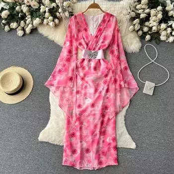 Новое весеннее французское шифоновое нежное платье с V-образным вырезом и цветочным принтом, модное платье феи