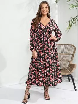 Новое весеннее и осеннее офисное платье с длинными рукавами. Шикарное платье с v-образным вырезом и высокой талией. Женское платье с принтом. Модная повседневная одежда большого размера. XL чёрный