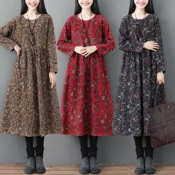 Новое весеннее и осеннее женское платье с длинным рукавом и цветочным принтом из хлопка и конопли, свободное платье больших размеров 2XL хаки