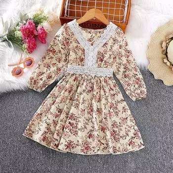 Новое весеннее модное платье принцессы с квадратным вырезом и цветочным принтом для детей от 4 до 7 лет для девочек с длинными рукавами 100cm/4Y красный