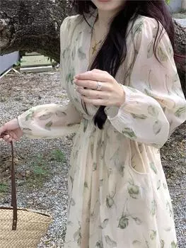 Новое весеннее платье Нежное элегантное платье с v-образным вырезом Шифоновое платье с цветочным принтом Модное повседневное длинное платье One Size зелёный