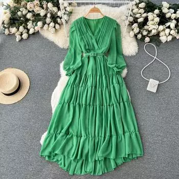 Новое весеннее платье с баской и V-образным вырезом во французском стиле с объемными рукавами и талией