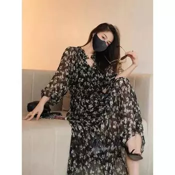 Новое весеннее платье в стиле французской Хепберн для женщин на новогодний чайный перерыв, черное облегающее платье с цветочным принтом Platycodon S