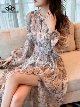 Новое весеннее праздничное шифоновое пляжное платье с длинными рукавами, французское платье, женское платье с цветочным принтом S