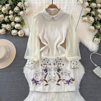 Новое весеннее роскошное мини-платье с цветочной вышивкой, высокое качество, женское платье с кукольным воротником и длинным рукавом в стиле пэчворк, вечерние платья трапециевидной формы XXL