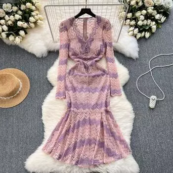 Новое весеннее сексуальное платье Hugh End, женское платье с v-образным вырезом и длинными рукавами, легкое плиссированное платье с запахом на бедрах для зрелых женщин S розовый