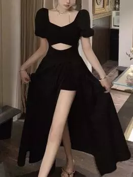 Новое винтажное французское длинное платье с открытой вилкой, женское черное элегантное вечернее платье макси с вырезами, женское сексуальное клубное платье в корейском стиле S чёрный