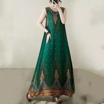 Новое винтажное хлопковое атласное платье без рукавов больших размеров для женщин, повседневное свободное длинное летнее платье зелёный