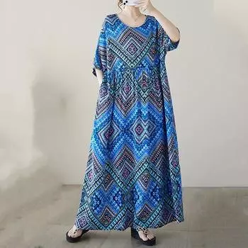 Новое винтажное хлопковое атласное платье с коротким рукавом больших размеров для женщин, повседневное свободное длинное летнее платье синий