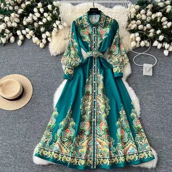 Новое винтажное осеннее зеленое платье с рубашечным воротником и цветочным принтом для женщин, однобортное платье с рукавами-фонариками, праздничный халат миди XXL бежевый