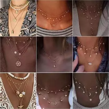 Новое винтажное ожерелье с кристаллами и геометрией, звездой и луной, ожерелье для женщин, 2020, многоуровневые подвески в стиле бохо, ожерелья, колье, ювелирные изделия, подарок