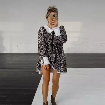 Новое винтажное платье А-силуэта с леопардовым принтом, женское сексуальное мини-платье с оборками и высокой талией, уличное платье с рукавами-фонариками, женское весеннее платье 2025 года S леопардовый
