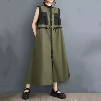 Новое винтажное платье без рукавов больших размеров для женщин, повседневное свободное длинное летнее платье-рубашка армия зеленый