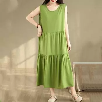 Новое винтажное платье без рукавов больших размеров для женщин, повседневное свободное длинное летнее платье M зелёный