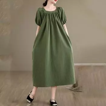 Новое винтажное платье больших размеров с коротким рукавом для женщин, повседневное свободное длинное летнее платье L зелёный