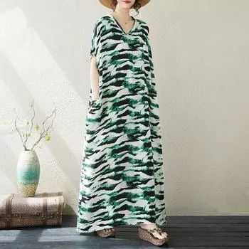 Новое винтажное платье больших размеров с коротким рукавом для женщин, повседневное свободное длинное летнее платье зелёный