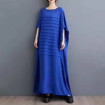 Новое винтажное платье больших размеров с коротким рукавом для женщин, повседневное свободное длинное летнее платье синий