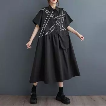 Новое винтажное платье больших размеров с коротким рукавом для женщин, повседневное свободное длинное летнее платье чёрный