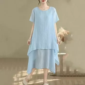 Новое винтажное платье больших размеров с коротким рукавом для женщин, повседневное свободное длинное летнее платье M светло-синий