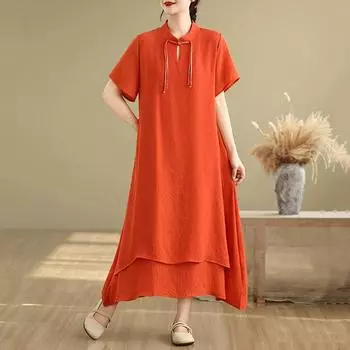 Новое винтажное платье больших размеров с коротким рукавом для женщин, повседневное свободное длинное летнее платье M красный