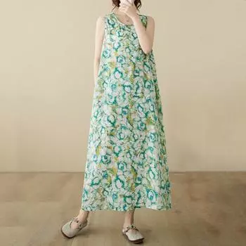 Новое винтажное платье с цветочным принтом без рукавов больших размеров для женщин, повседневное свободное длинное летнее платье XL зелёный