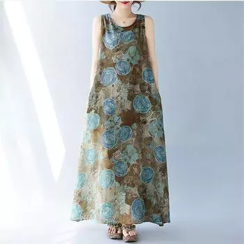 Новое винтажное платье с цветочным принтом без рукавов больших размеров для женщин, повседневное свободное длинное летнее платье M