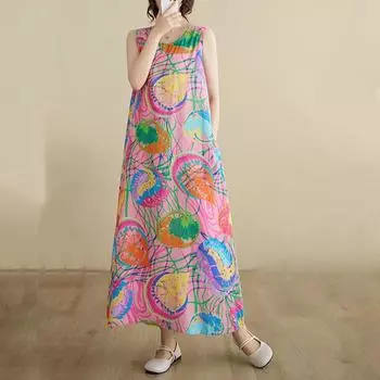 Новое винтажное платье с цветочным принтом без рукавов больших размеров для женщин, повседневное свободное длинное летнее платье XL