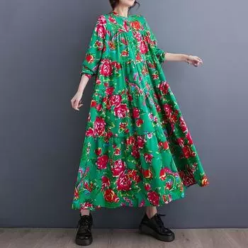 Новое винтажное платье с цветочным принтом больших размеров с длинным рукавом для женщин, повседневное свободное весенне-летнее осеннее платье