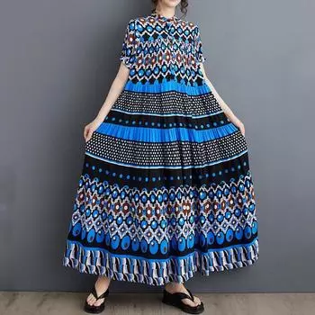 Новое винтажное платье с цветочным принтом больших размеров с коротким рукавом для женщин, повседневное свободное длинное летнее платье синий