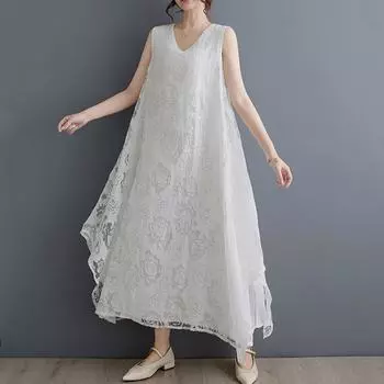 Новое винтажное платье с цветочным принтом без рукавов больших размеров для женщин, повседневное свободное длинное летнее платье белый