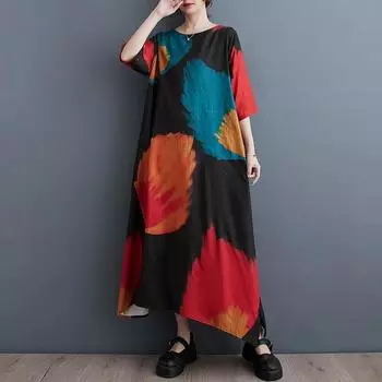 Новое винтажное платье с цветочным принтом больших размеров с коротким рукавом для женщин, повседневное свободное длинное летнее платье
