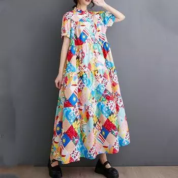 Новое винтажное платье с цветочным принтом больших размеров с коротким рукавом для женщин, повседневное свободное длинное летнее платье
