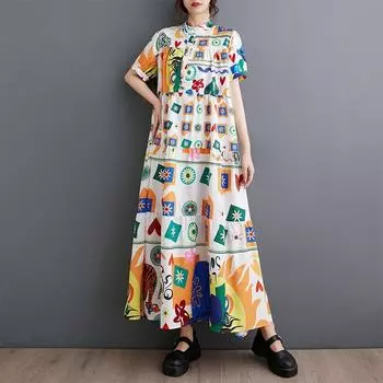 Новое винтажное платье с цветочным принтом больших размеров с коротким рукавом для женщин, повседневное свободное длинное летнее платье