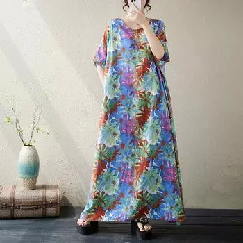 Новое винтажное платье с цветочным принтом больших размеров с коротким рукавом для женщин, повседневное свободное длинное летнее платье синий