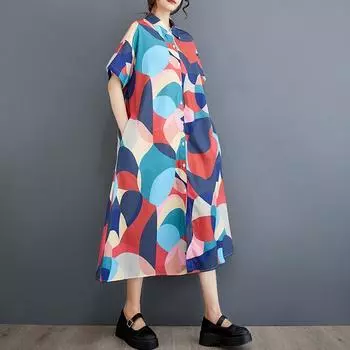 Новое винтажное платье с цветочным принтом больших размеров с коротким рукавом для женщин, повседневное свободное длинное летнее платье-рубашка красный