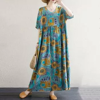 Новое винтажное платье с цветочным принтом больших размеров с коротким рукавом для женщин, повседневное свободное длинное летнее платье