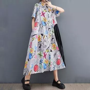 Новое винтажное платье с цветочным принтом больших размеров с коротким рукавом для женщин, повседневное свободное длинное летнее платье-рубашка
