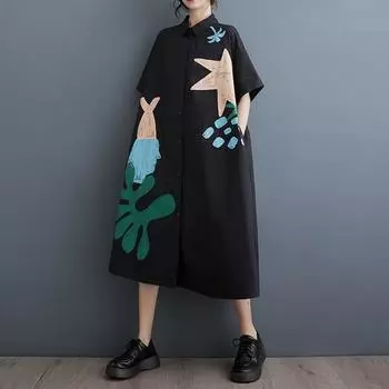 Новое винтажное платье с цветочным принтом больших размеров с коротким рукавом для женщин, повседневное свободное длинное летнее платье-рубашка белый