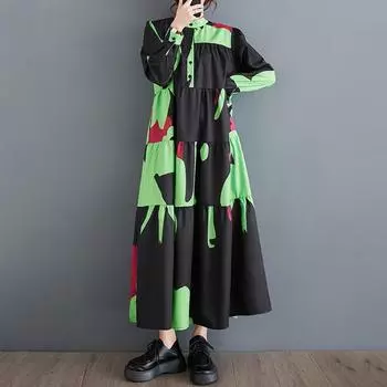 Новое винтажное платье с цветочным принтом больших размеров с длинным рукавом для женщин, повседневное свободное весенне-летнее осеннее платье зелёный