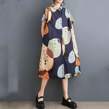 Новое винтажное платье с цветочным принтом больших размеров с коротким рукавом для женщин, повседневное свободное длинное летнее платье-рубашка темно-синий