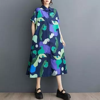 Новое винтажное платье с цветочным принтом больших размеров с коротким рукавом для женщин, повседневное свободное длинное летнее платье-рубашка